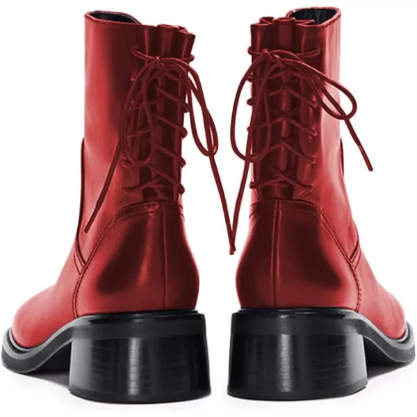 imageFSJ Women Square Toe Chunky Block Heel Ankle Boots Lace Up Low Platform Mid Calf Chelsea Combat Boot Side Zipper Fashion Short Booties Size 415 USRed