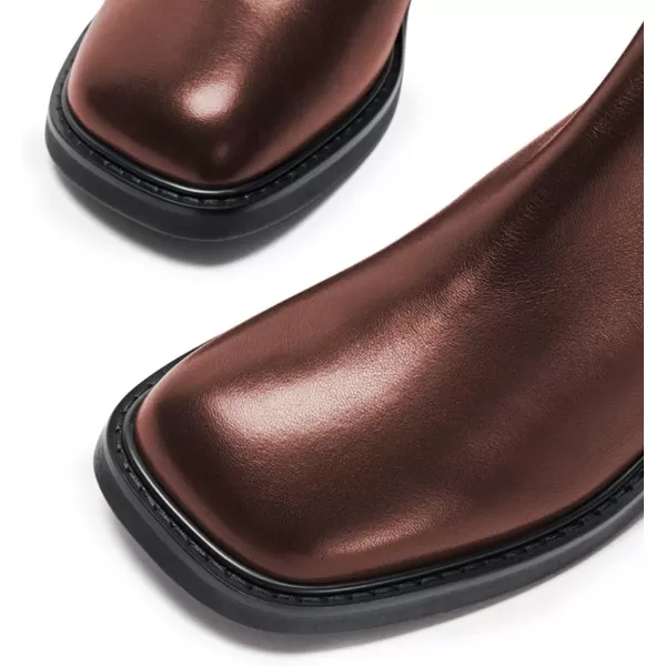 imageFSJ Women Square Toe Chunky Block Heel Ankle Boots Lace Up Low Platform Mid Calf Chelsea Combat Boot Side Zipper Fashion Short Booties Size 415 USSaddle Brown