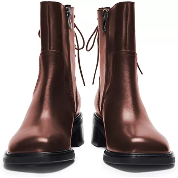 imageFSJ Women Square Toe Chunky Block Heel Ankle Boots Lace Up Low Platform Mid Calf Chelsea Combat Boot Side Zipper Fashion Short Booties Size 415 USSaddle Brown
