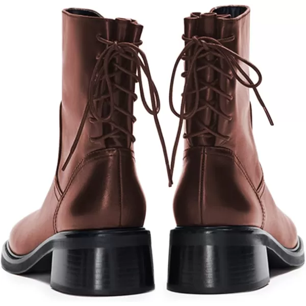 imageFSJ Women Square Toe Chunky Block Heel Ankle Boots Lace Up Low Platform Mid Calf Chelsea Combat Boot Side Zipper Fashion Short Booties Size 415 USSaddle Brown