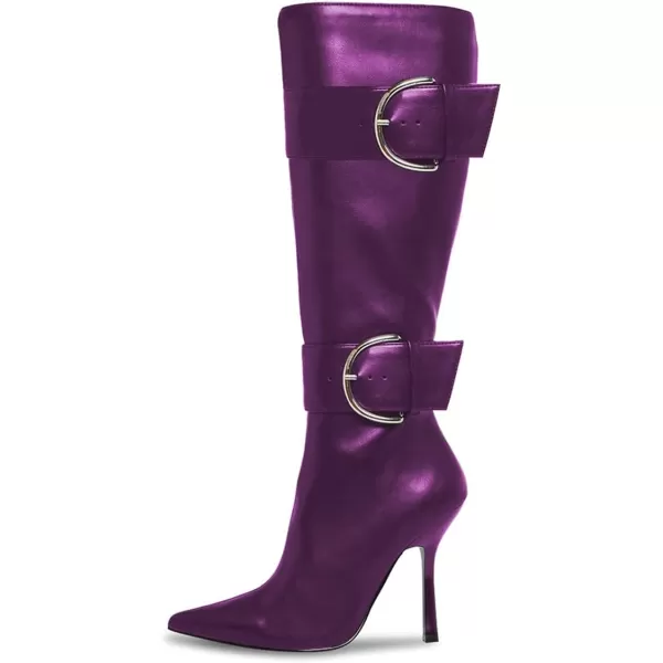 imageFSJ Women Stylish Thigh High Heel Boot Pointed Toe Stiletto Over the Knee High Boots with Zipper Fashion Metal Buckle Winter Long Boots Size 415 USDark Purple