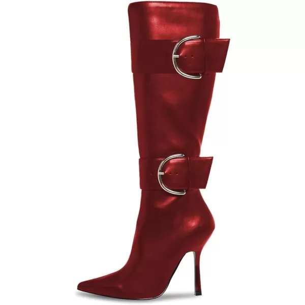 imageFSJ Women Stylish Thigh High Heel Boot Pointed Toe Stiletto Over the Knee High Boots with Zipper Fashion Metal Buckle Winter Long Boots Size 415 USDark Red