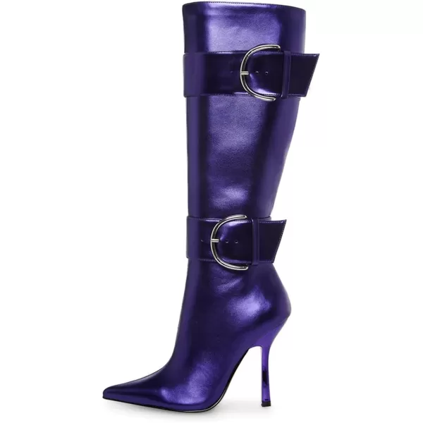 imageFSJ Women Stylish Thigh High Heel Boot Pointed Toe Stiletto Over the Knee High Boots with Zipper Fashion Metal Buckle Winter Long Boots Size 415 USPurple