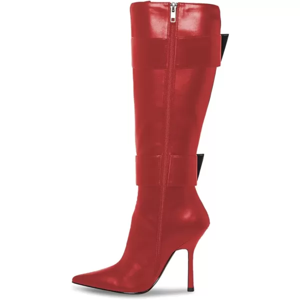 imageFSJ Women Stylish Thigh High Heel Boot Pointed Toe Stiletto Over the Knee High Boots with Zipper Fashion Metal Buckle Winter Long Boots Size 415 USRed