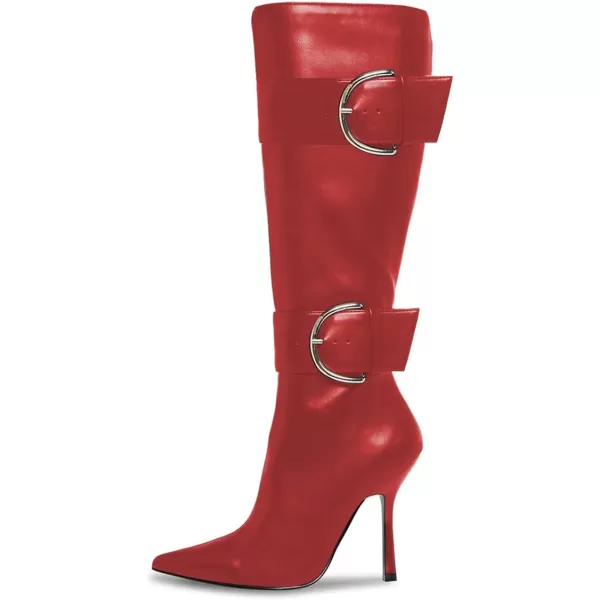 imageFSJ Women Stylish Thigh High Heel Boot Pointed Toe Stiletto Over the Knee High Boots with Zipper Fashion Metal Buckle Winter Long Boots Size 415 USRed