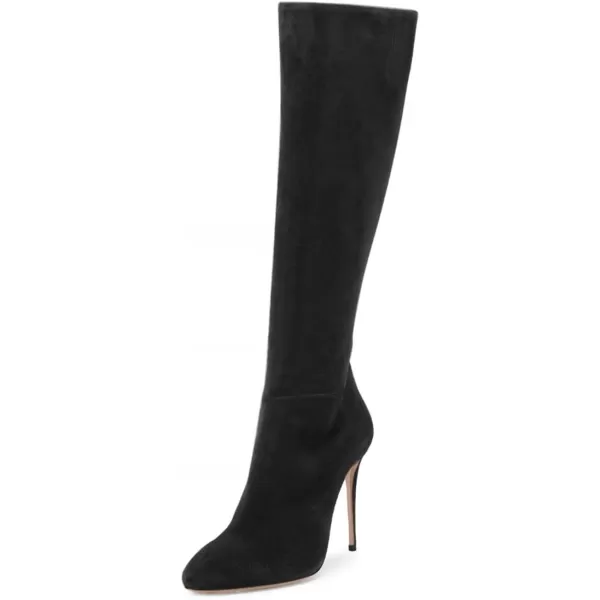 imageFSJ Women Western Knee High Long Boots Leather Pointed Toe High Heels Wide Calf Riding Shoes Size 415 USBlack Suede