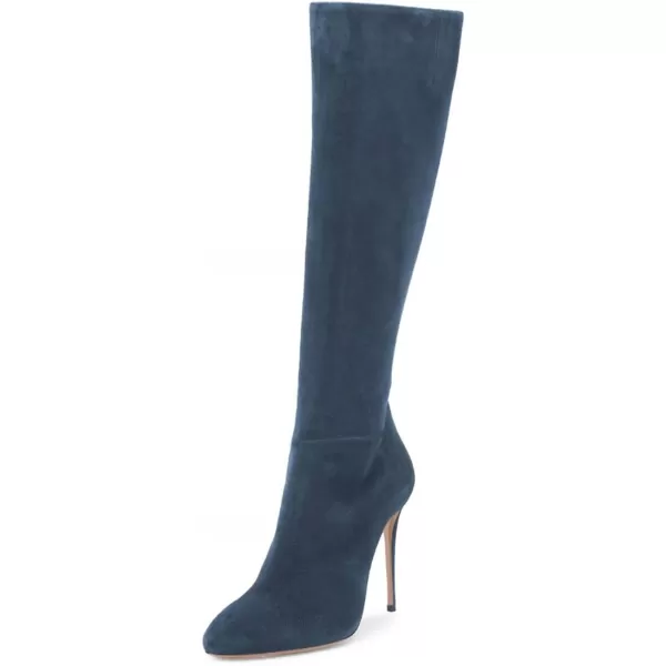 imageFSJ Women Western Knee High Long Boots Leather Pointed Toe High Heels Wide Calf Riding Shoes Size 415 USBlue Suede