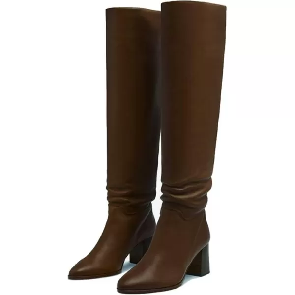imageFSJ Women Classic Pointy Toe Knee High Boots Block Stacked Chunky Heel Comfort Pull On Formal Party Dress Fall Winter Shoes Size 415 USChocolate