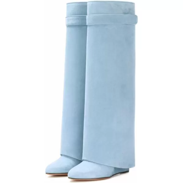 imageFSJ Women Classic Round Toe Wedge Heel Over The Knee Boots Suede Shoe for Winter Size 415 USBlue