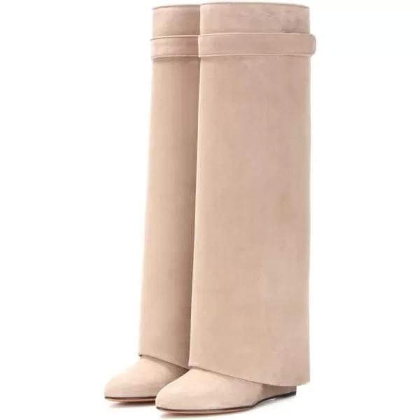 imageFSJ Women Classic Round Toe Wedge Heel Over The Knee Boots Suede Shoe for Winter Size 415 USNude
