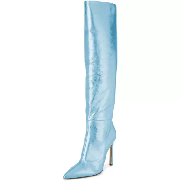 imageFSJ Women Metallic Knee High Long Boots Closed Toe Stiletto High Heels Dress Shoes Size 415 USBlue