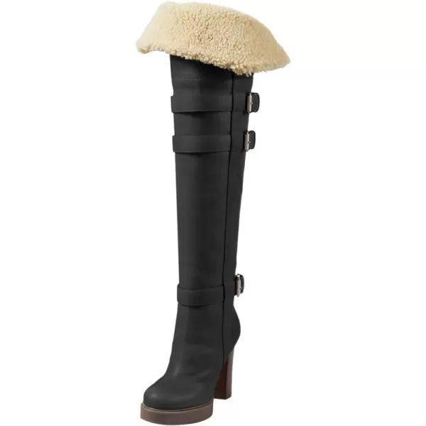 imageFSJ Women Over The Knee Boots Platform Chunky High Heels Round Toe Buckled Strappy Folded Fur Collar Fashion Warm Fall Winter Shoes Size 416 USBlack