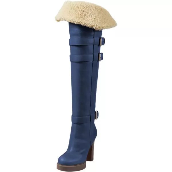 imageFSJ Women Over The Knee Boots Platform Chunky High Heels Round Toe Buckled Strappy Folded Fur Collar Fashion Warm Fall Winter Shoes Size 416 USBlue