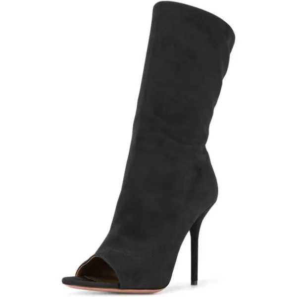 imageFSJ Women Peep Toe Stiletto High Heel Mid Calf Boots Stretchy Pull On Suede Casual Booties Size 415 M USBlack