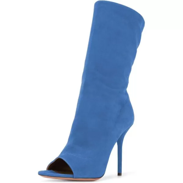imageFSJ Women Peep Toe Stiletto High Heel Mid Calf Boots Stretchy Pull On Suede Casual Booties Size 415 M USBlue