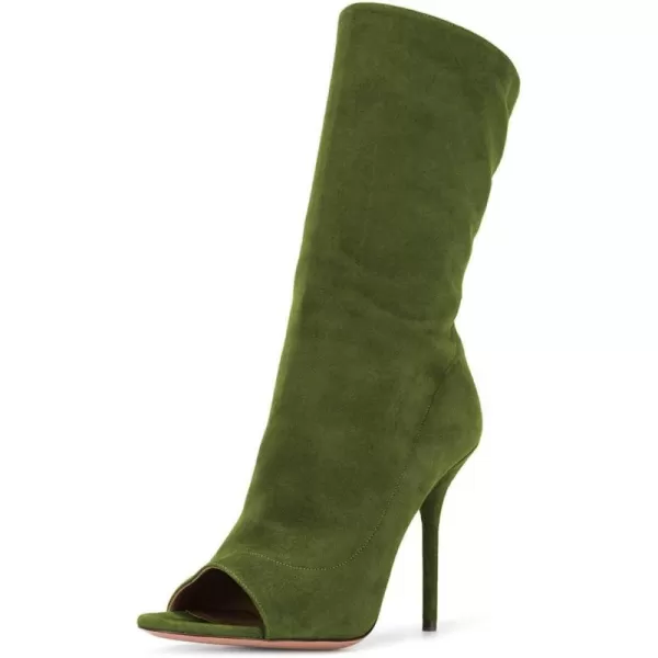 imageFSJ Women Peep Toe Stiletto High Heel Mid Calf Boots Stretchy Pull On Suede Casual Booties Size 415 M USOlive Green