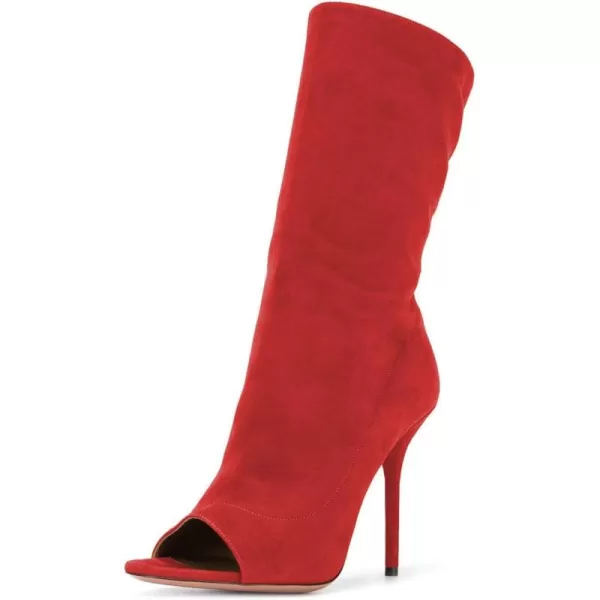 imageFSJ Women Peep Toe Stiletto High Heel Mid Calf Boots Stretchy Pull On Suede Casual Booties Size 415 M USRed