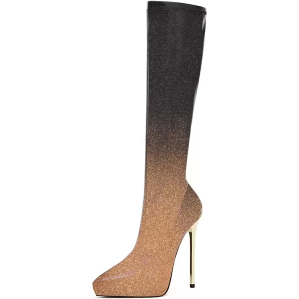 imageFSJ Women Platform Knee High Boots Sexy Pointed Toe Metal Stiletto High Heel Boots Wide Calf Stretch Leather Zipper Winter Party Dress Shoes Size 415 USGolden Glitter Gradient