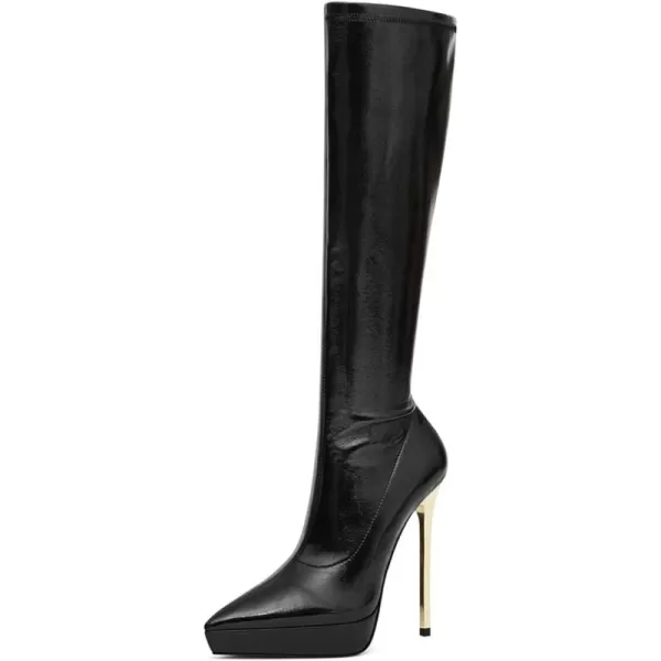 imageFSJ Women Platform Knee High Boots Sexy Pointed Toe Metal Stiletto High Heel Boots Wide Calf Stretch Leather Zipper Winter Party Dress Shoes Size 415 USBlack