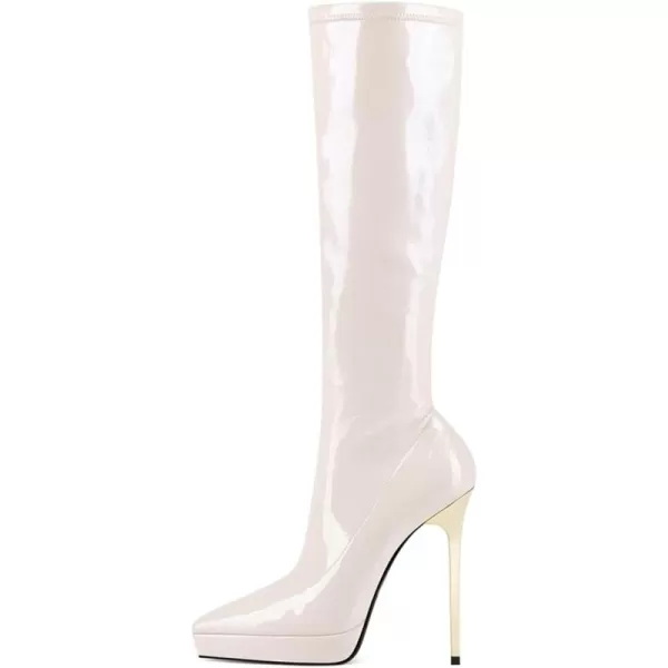 imageFSJ Women Platform Knee High Boots Sexy Pointed Toe Metal Stiletto High Heel Boots Wide Calf Stretch Leather Zipper Winter Party Dress Shoes Size 415 USWhite