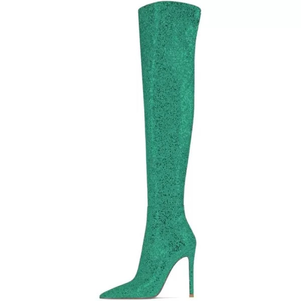 imageFSJ Women Sparkly Glitter Thigh High Boots Over The Knee Long Boots Fashion Sexy High Heels Pointed Toe Party Dance Stiletto Knee High Boots 415 M USGreen