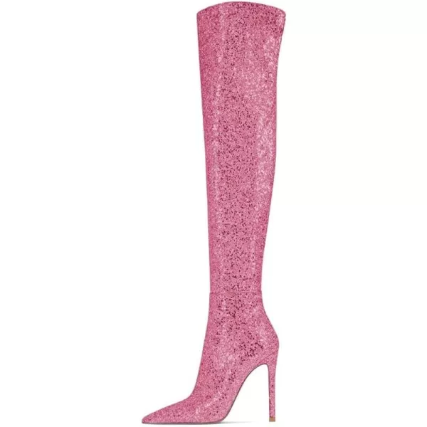imageFSJ Women Sparkly Glitter Thigh High Boots Over The Knee Long Boots Fashion Sexy High Heels Pointed Toe Party Dance Stiletto Knee High Boots 415 M USPink