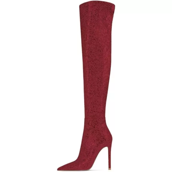 imageFSJ Women Sparkly Glitter Thigh High Boots Over The Knee Long Boots Fashion Sexy High Heels Pointed Toe Party Dance Stiletto Knee High Boots 415 M USRed