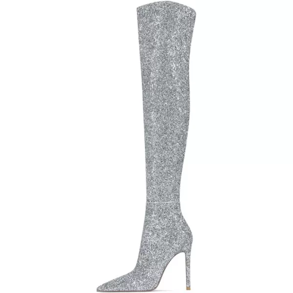 imageFSJ Women Sparkly Glitter Thigh High Boots Over The Knee Long Boots Fashion Sexy High Heels Pointed Toe Party Dance Stiletto Knee High Boots 415 M USSilver