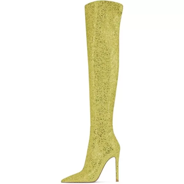 imageFSJ Women Sparkly Glitter Thigh High Boots Over The Knee Long Boots Fashion Sexy High Heels Pointed Toe Party Dance Stiletto Knee High Boots 415 M USYellow Green