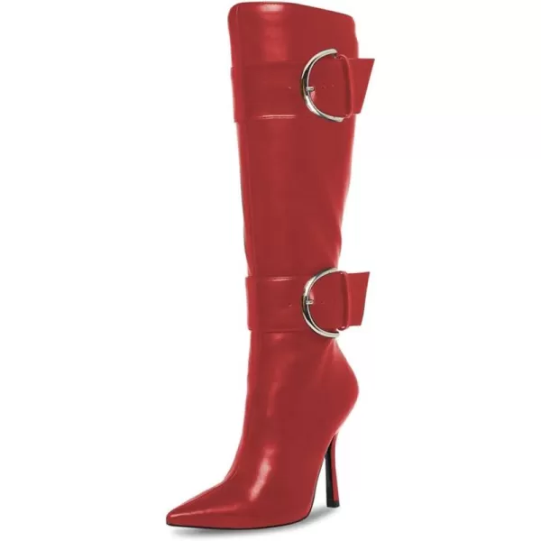 imageFSJ Women Stylish Thigh High Heel Boot Pointed Toe Stiletto Over the Knee High Boots with Zipper Fashion Metal Buckle Winter Long Boots Size 415 USRed