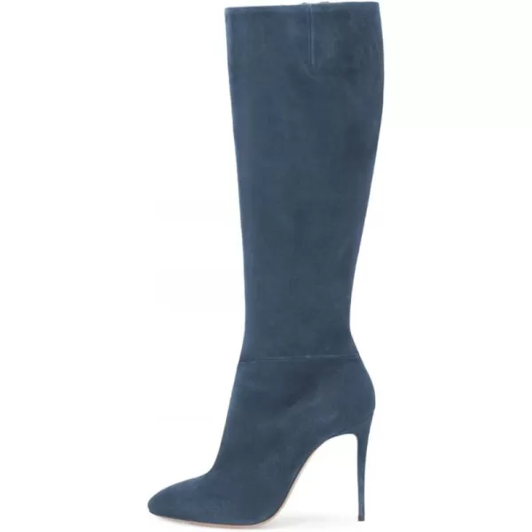 imageFSJ Women Western Knee High Long Boots Leather Pointed Toe High Heels Wide Calf Riding Shoes Size 415 USBlue Suede
