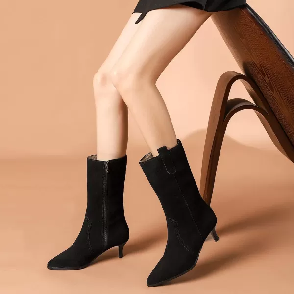 imageFSJ Women Fashion Suede Pointed Toe Kitten Low Heel Mid Calf Boots Side Zipper Casual Dress Walking Ladies Shoes Size 415 USBlack