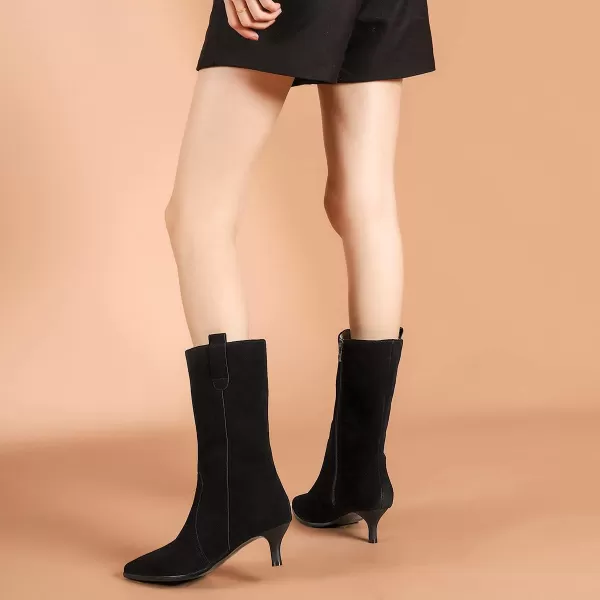 imageFSJ Women Fashion Suede Pointed Toe Kitten Low Heel Mid Calf Boots Side Zipper Casual Dress Walking Ladies Shoes Size 415 USBlack