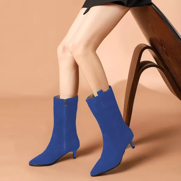 imageFSJ Women Fashion Suede Pointed Toe Kitten Low Heel Mid Calf Boots Side Zipper Casual Dress Walking Ladies Shoes Size 415 USBlue