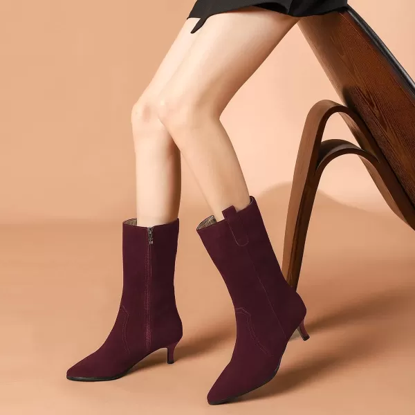 imageFSJ Women Fashion Suede Pointed Toe Kitten Low Heel Mid Calf Boots Side Zipper Casual Dress Walking Ladies Shoes Size 415 USDark Red