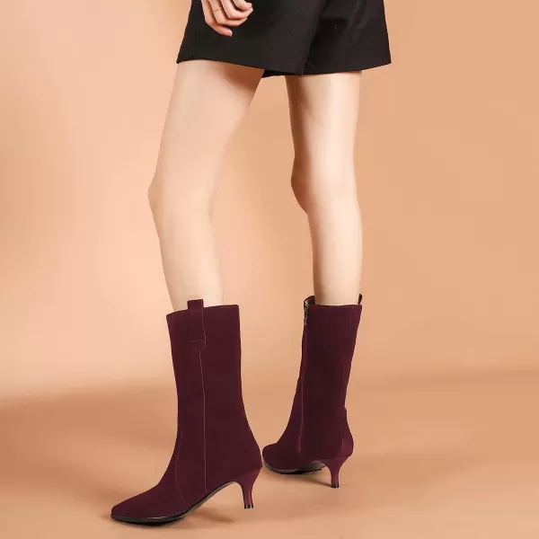 imageFSJ Women Fashion Suede Pointed Toe Kitten Low Heel Mid Calf Boots Side Zipper Casual Dress Walking Ladies Shoes Size 415 USDark Red