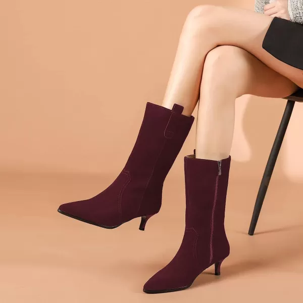 imageFSJ Women Fashion Suede Pointed Toe Kitten Low Heel Mid Calf Boots Side Zipper Casual Dress Walking Ladies Shoes Size 415 USDark Red