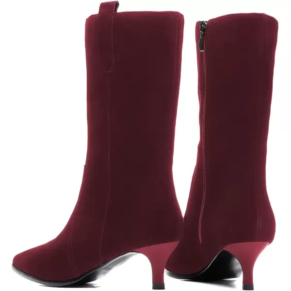 imageFSJ Women Fashion Suede Pointed Toe Kitten Low Heel Mid Calf Boots Side Zipper Casual Dress Walking Ladies Shoes Size 415 USDark Red