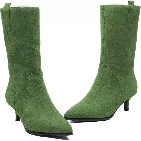 imageFSJ Women Fashion Suede Pointed Toe Kitten Low Heel Mid Calf Boots Side Zipper Casual Dress Walking Ladies Shoes Size 415 USGreen