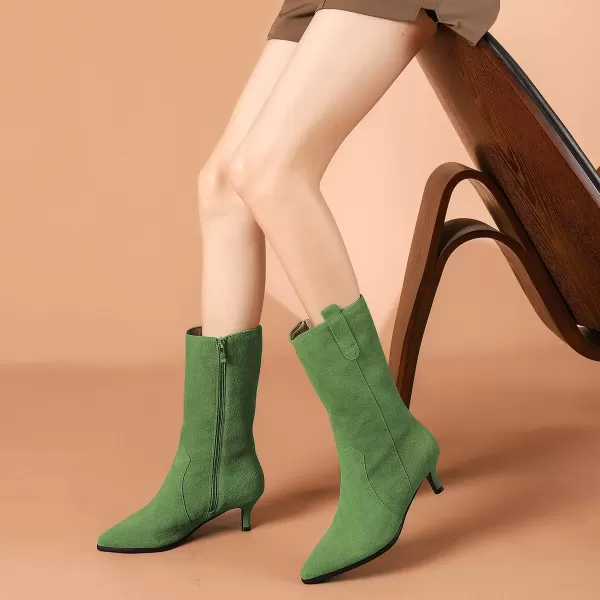 imageFSJ Women Fashion Suede Pointed Toe Kitten Low Heel Mid Calf Boots Side Zipper Casual Dress Walking Ladies Shoes Size 415 USGreen