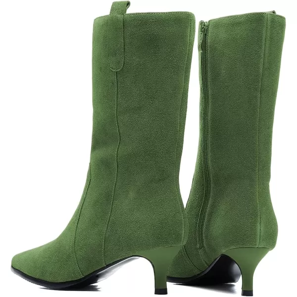 imageFSJ Women Fashion Suede Pointed Toe Kitten Low Heel Mid Calf Boots Side Zipper Casual Dress Walking Ladies Shoes Size 415 USGreen