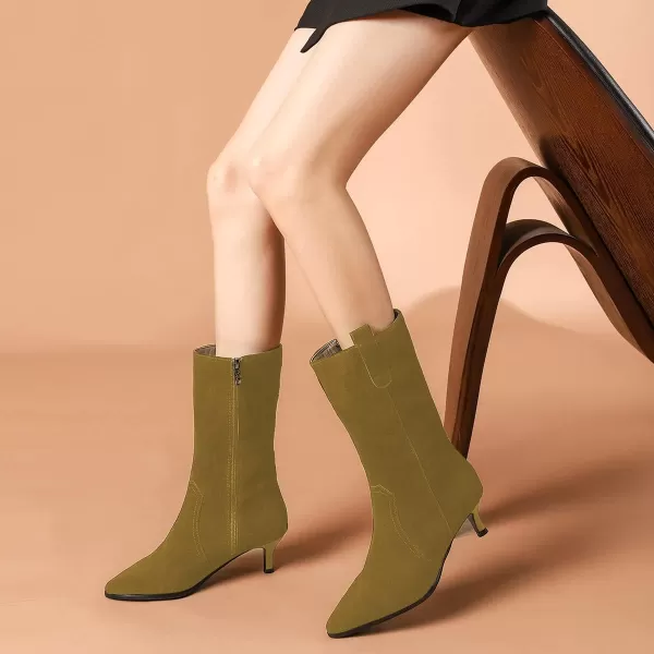 imageFSJ Women Fashion Suede Pointed Toe Kitten Low Heel Mid Calf Boots Side Zipper Casual Dress Walking Ladies Shoes Size 415 USOlive