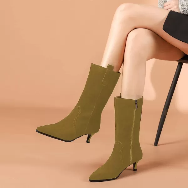 imageFSJ Women Fashion Suede Pointed Toe Kitten Low Heel Mid Calf Boots Side Zipper Casual Dress Walking Ladies Shoes Size 415 USOlive