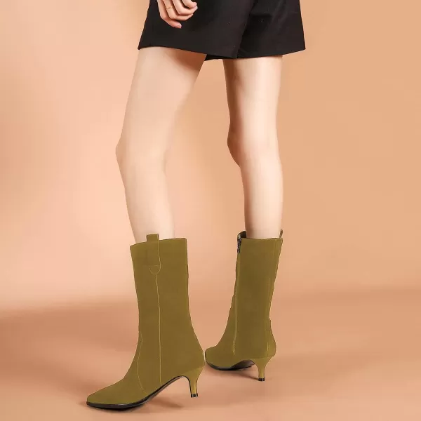 imageFSJ Women Fashion Suede Pointed Toe Kitten Low Heel Mid Calf Boots Side Zipper Casual Dress Walking Ladies Shoes Size 415 USOlive