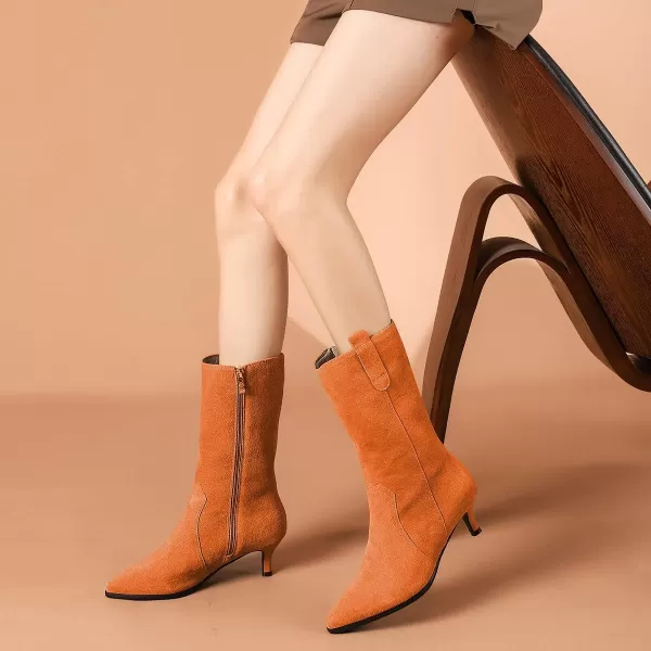 imageFSJ Women Fashion Suede Pointed Toe Kitten Low Heel Mid Calf Boots Side Zipper Casual Dress Walking Ladies Shoes Size 415 USOrange