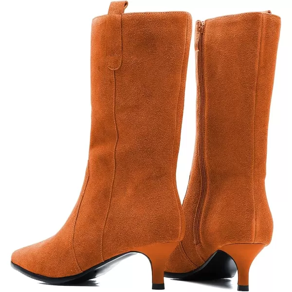 imageFSJ Women Fashion Suede Pointed Toe Kitten Low Heel Mid Calf Boots Side Zipper Casual Dress Walking Ladies Shoes Size 415 USOrange
