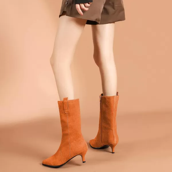 imageFSJ Women Fashion Suede Pointed Toe Kitten Low Heel Mid Calf Boots Side Zipper Casual Dress Walking Ladies Shoes Size 415 USOrange