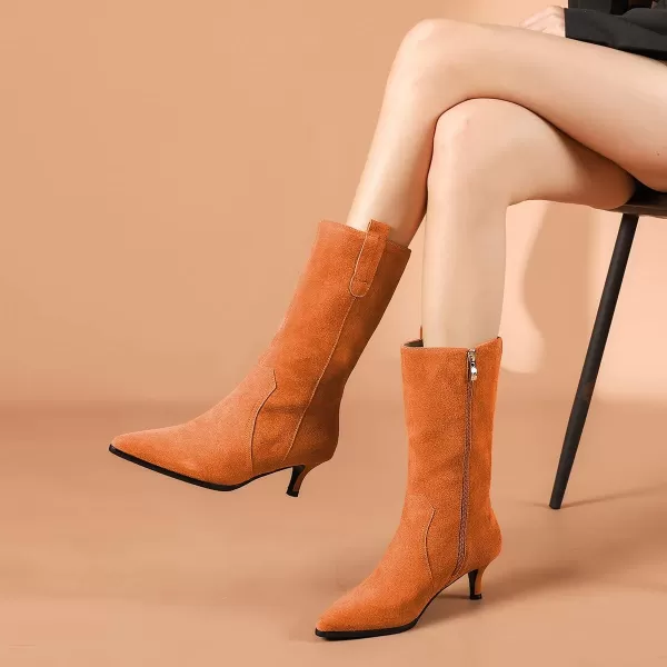 imageFSJ Women Fashion Suede Pointed Toe Kitten Low Heel Mid Calf Boots Side Zipper Casual Dress Walking Ladies Shoes Size 415 USOrange