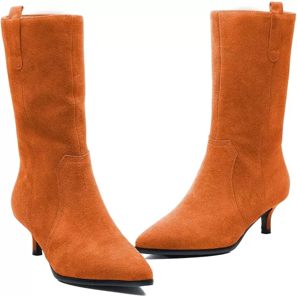 imageFSJ Women Fashion Suede Pointed Toe Kitten Low Heel Mid Calf Boots Side Zipper Casual Dress Walking Ladies Shoes Size 415 USOrange