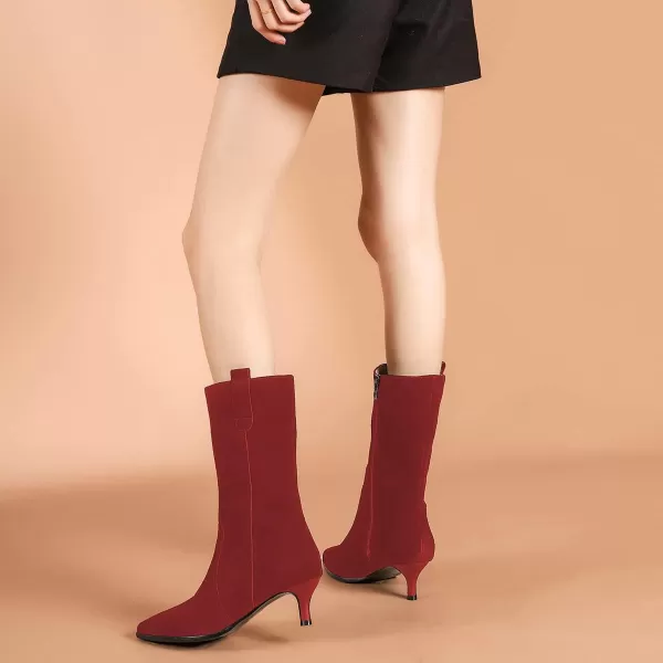 imageFSJ Women Fashion Suede Pointed Toe Kitten Low Heel Mid Calf Boots Side Zipper Casual Dress Walking Ladies Shoes Size 415 USRed